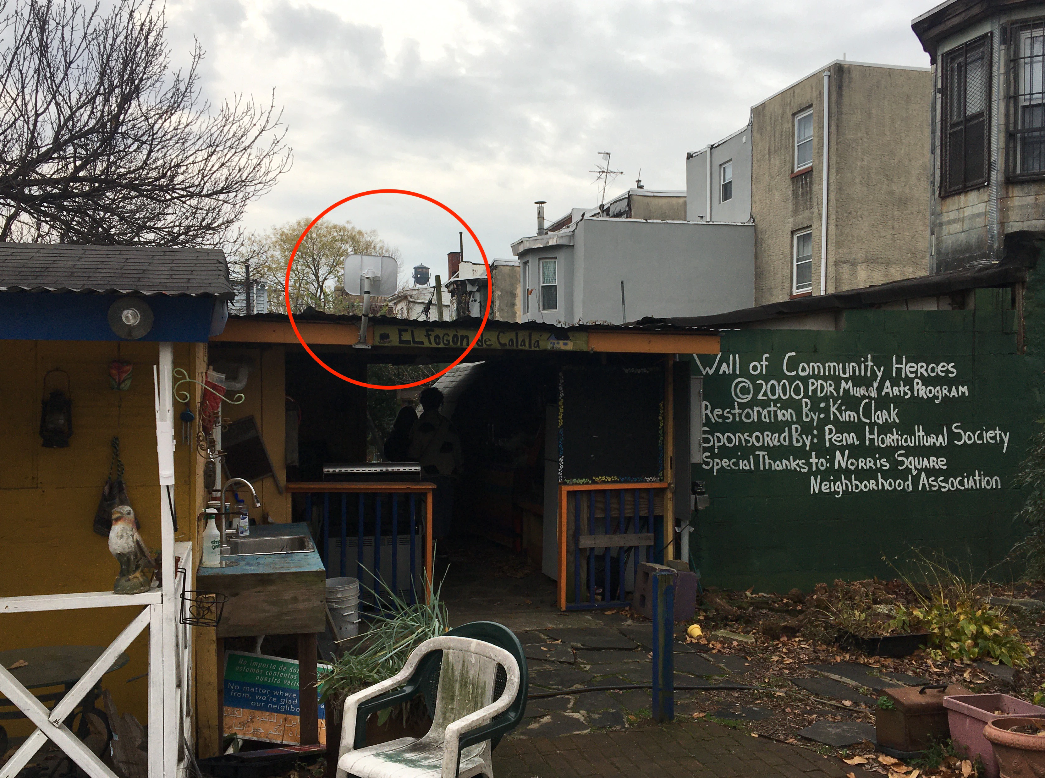 Una caseta en el jardín Las Parcelas del Norris Square Neighborhood Project con una pequeña antena en el techo, marcada con un círculo rojo, que apunta hacia una torre a lo lejos.