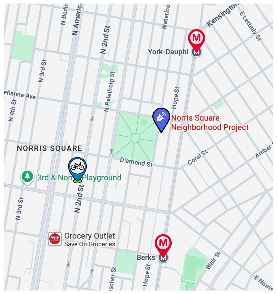 Map of Norris Square Park and the surrounding streets with marker for 2141 Howard Street, the Norris Square Neighborhood Project, SEPTA MFL stops York-Dauphin and Berks, and Indego Bike station at 2nd and Norris.