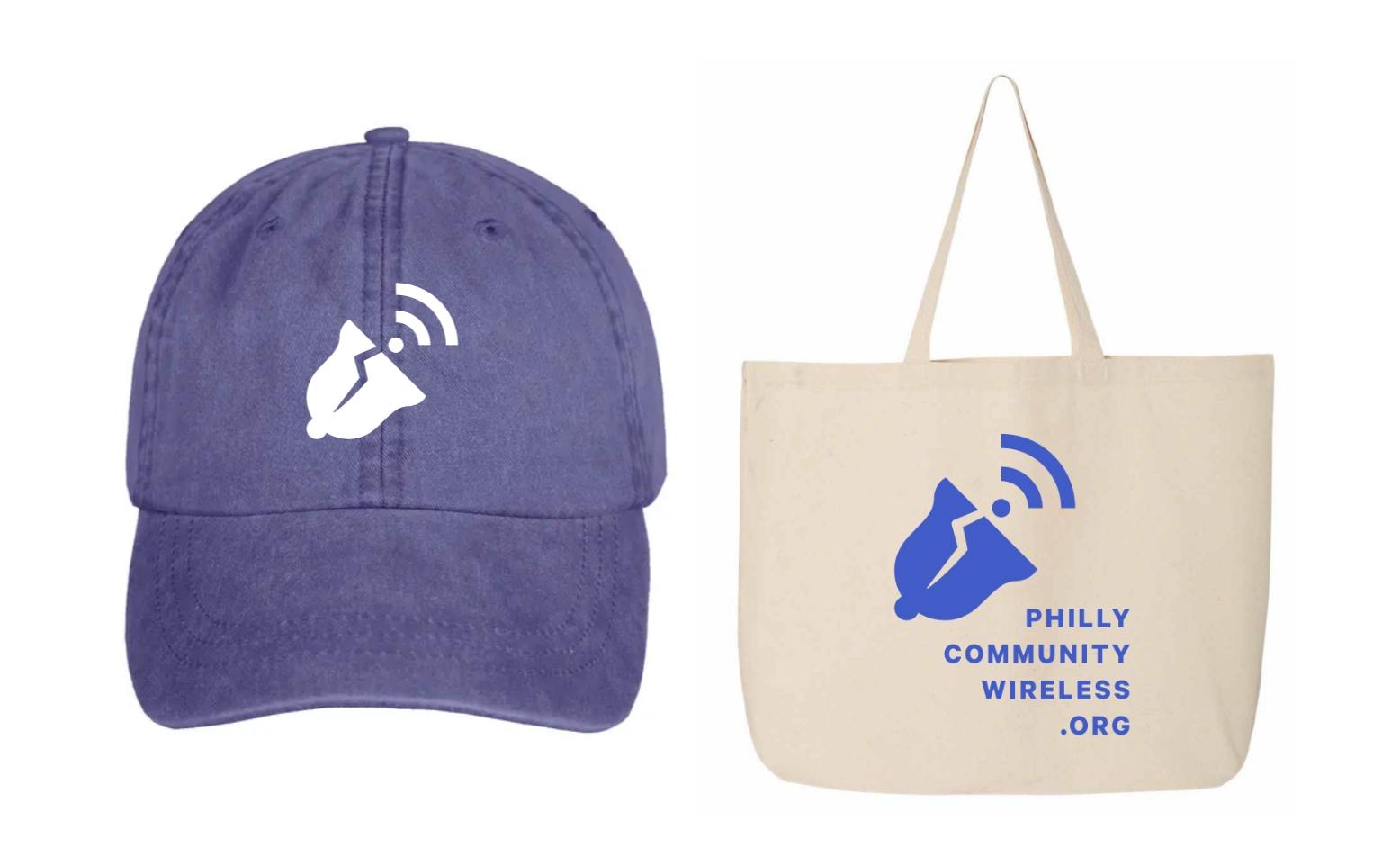 A purple-blue hat with PCW's logo, a bell with a Wi-Fi signal, in front, and a large beige bag with PCW's logo, a bell with a Wi-Fi signal, and PhillyCommunityWireless.org written on it.