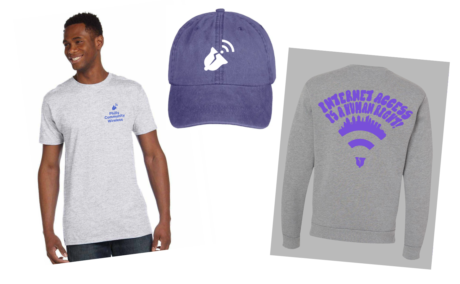 A t-shirt with a small bell and the words Philly Community Wireless on the left chest; a purple-blue hat with PCW's logo, a bell with a Wi-Fi signal, in front.