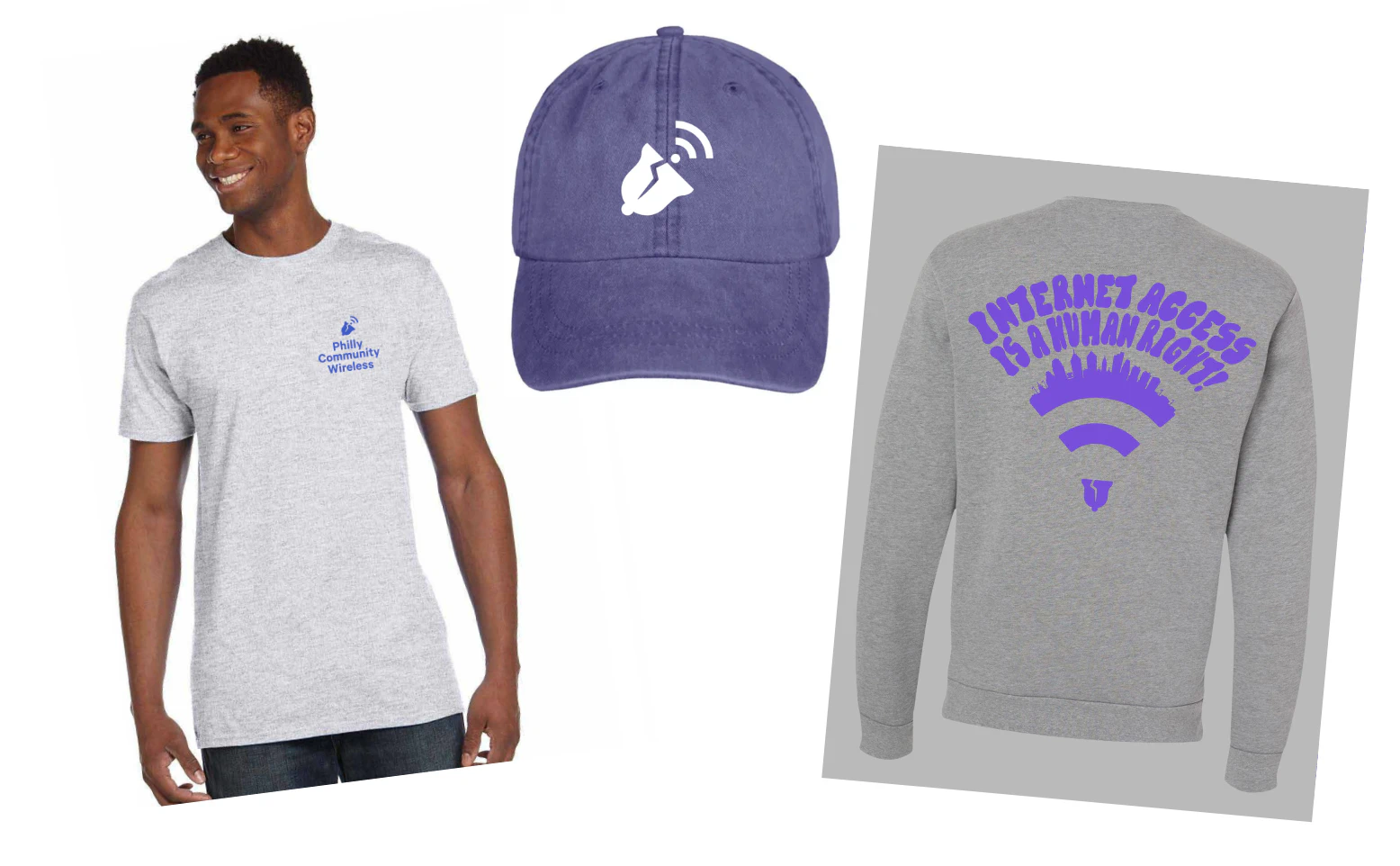 A t-shirt with a small bell and the words Philly Community Wireless on the left chest; a purple-blue hat with PCW's logo, a bell with a Wi-Fi signal, in front.