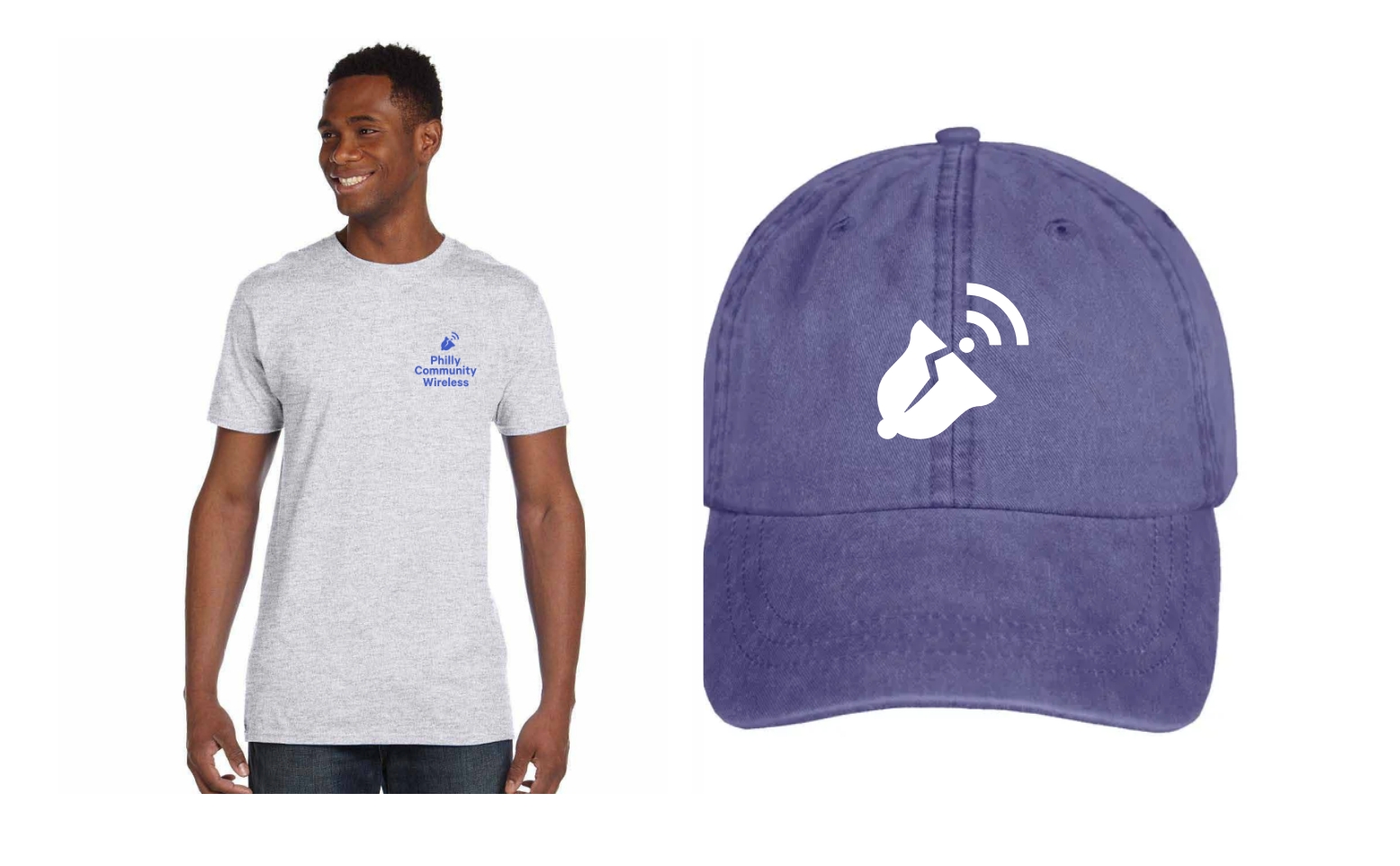 A t-shirt with a small bell and the words Philly Community Wireless on the left chest; a purple-blue hat with PCW's logo, a bell with a Wi-Fi signal, in front.
