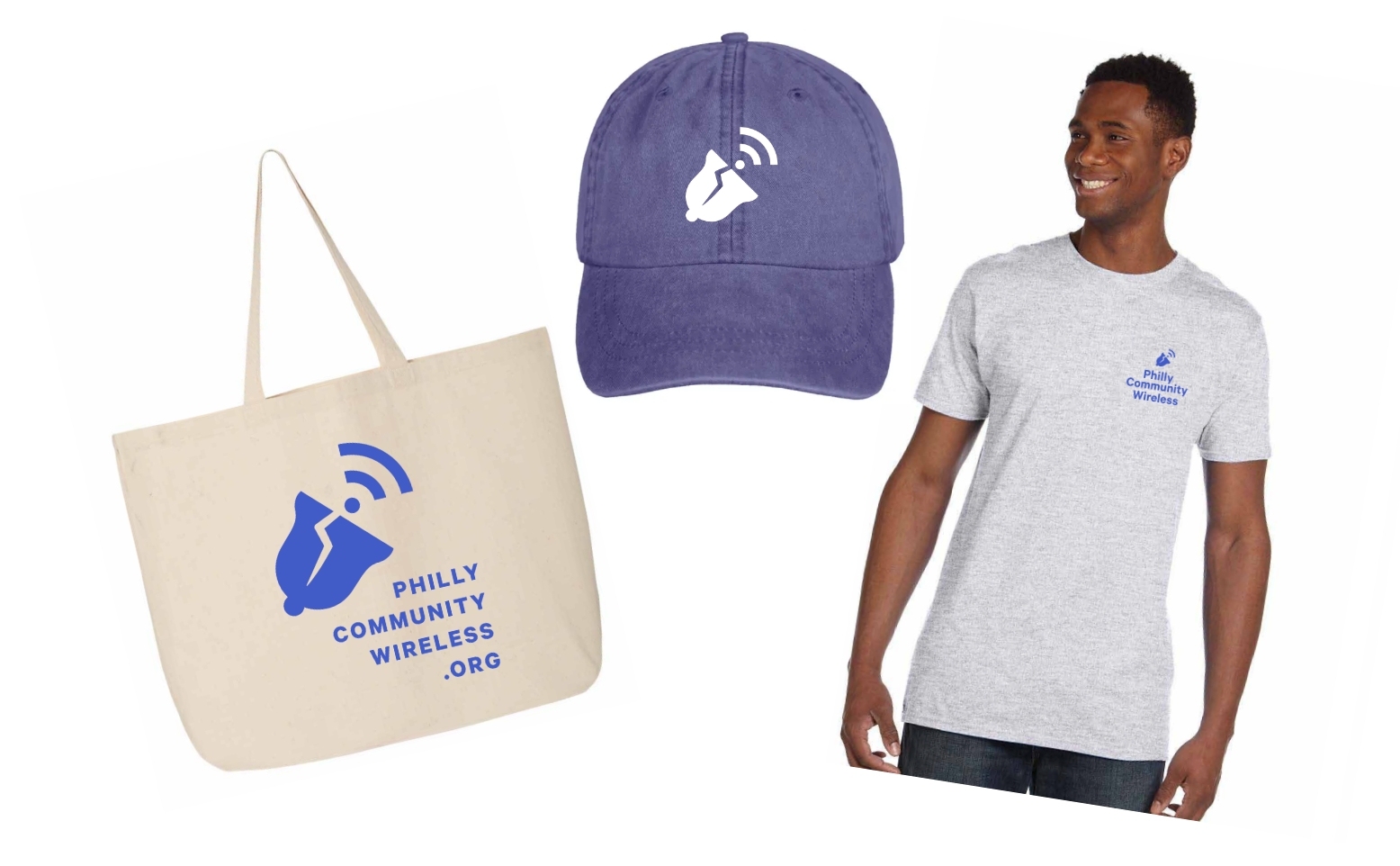 Three items: a large beige bag with PCW's logo, a bell with a Wi-Fi signal, and PhillyCommunityWireless.org written on it; a purple-blue hat with PCW's logo, a bell with a Wi-Fi signal, in front; and a t-shirt with a small bell and the words Philly Community Wireless on the left chest.