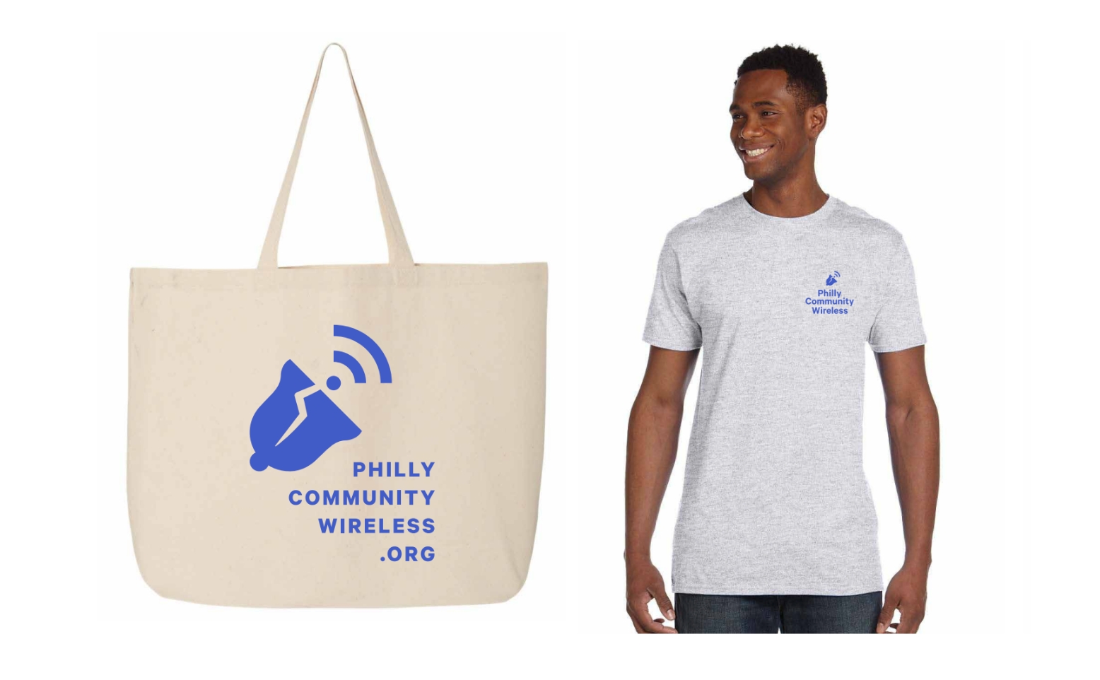 A large beige bag with PCW's logo, a bell with a Wi-Fi signal, and PhillyCommunityWireless.org written on it; a t-shirt with a small bell and the words Philly Community Wireless on the left chest.
