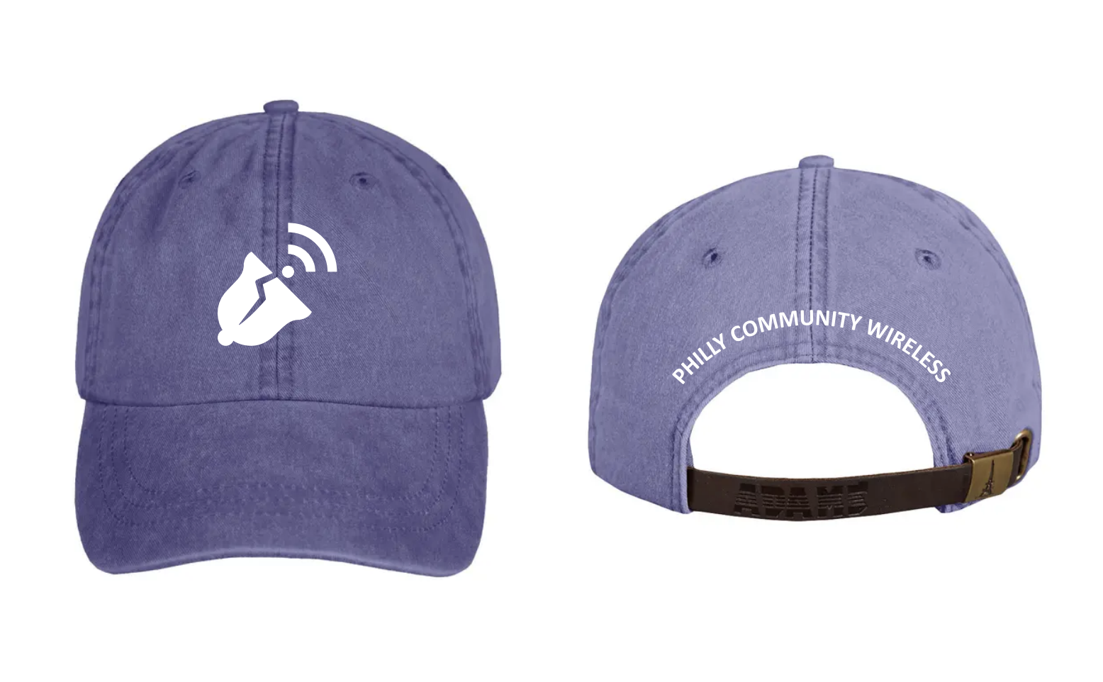 A purple-blue hat with PCW's logo, a bell with a Wi-Fi signal, in front, and the words Philly Community Wireless at the back.