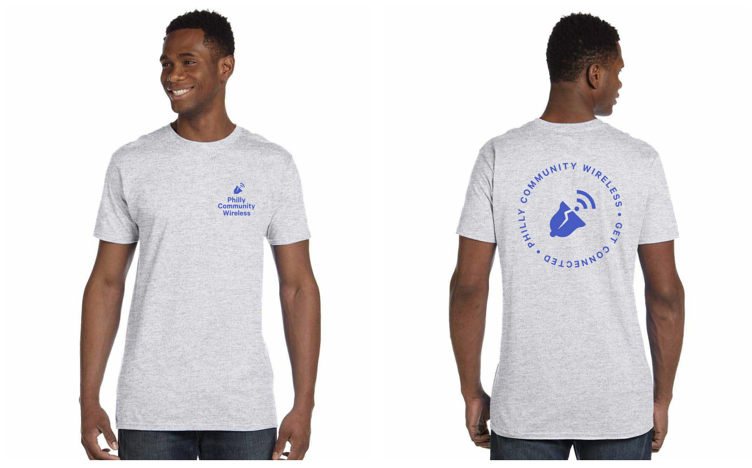 A t-shirt with a small bell and the words Philly Community Wireless on the left chest. The back of the t-shirt has the text Philly Community Wireless Get Connected in a circle around PCW's logo, a bell with a Wi-Fi signal.