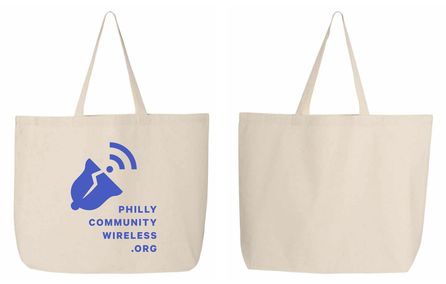 A large beige bag with PCW's logo, a bell with a Wi-Fi signal, and PhillyCommunityWireless.org written on it; the back of the bag is plain.